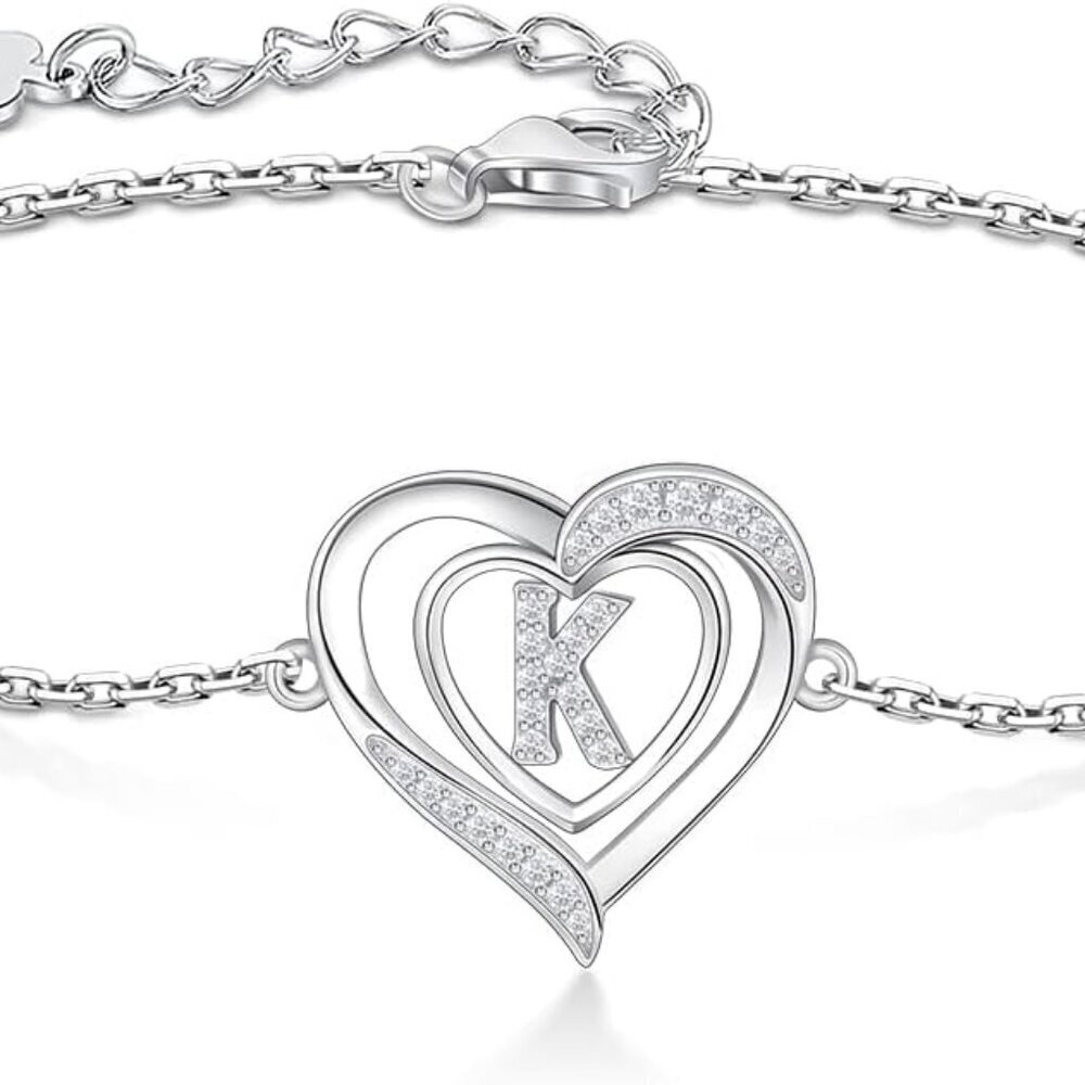 Sterling Silver Heart Initial Bracelets for Women Personalized Charm Gifts